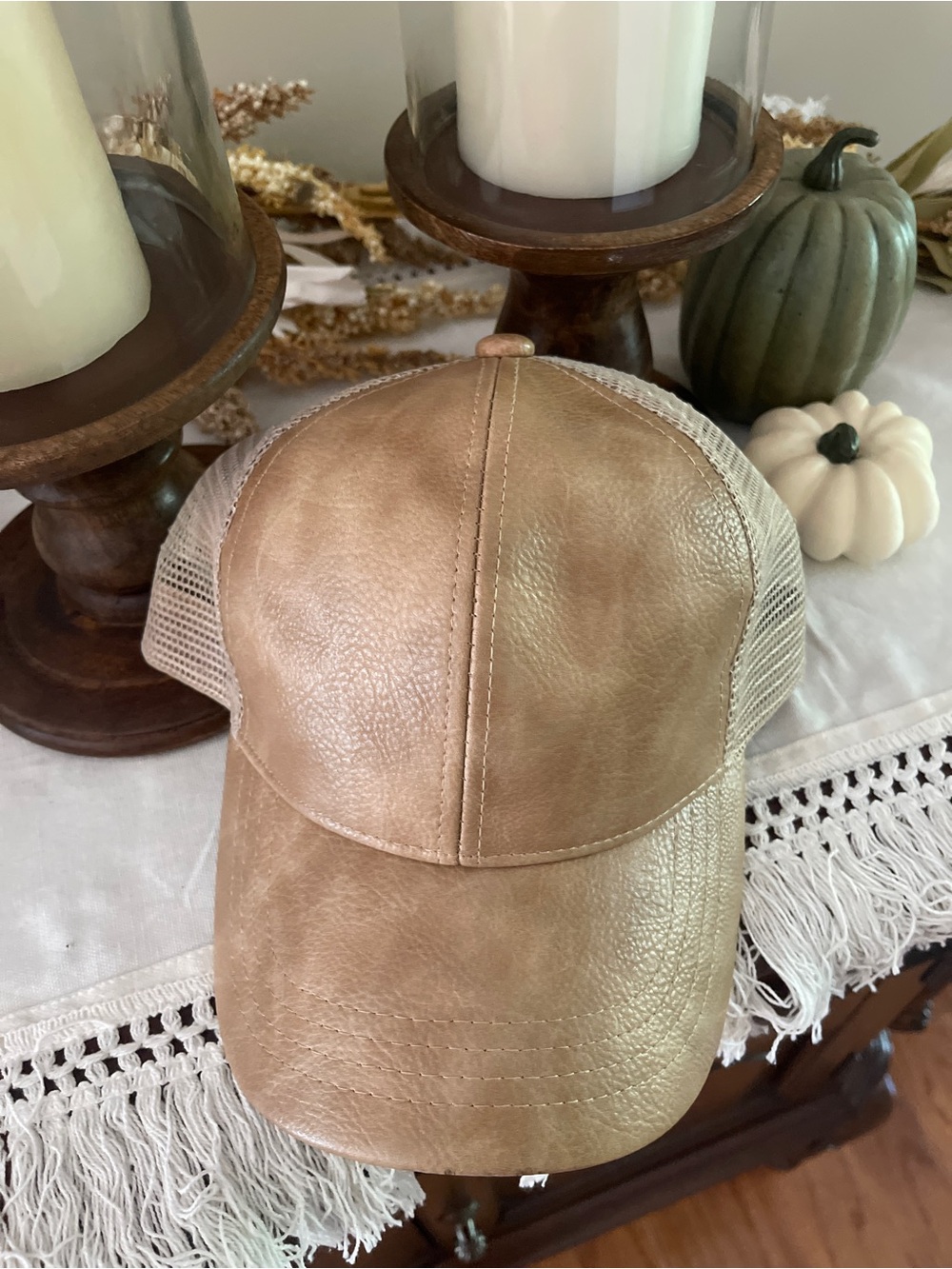 C.C. Exclusives Women's Tan Light Brown Leather Fall Mesh Back Baseball Cap Hat - Picture 2 of 6